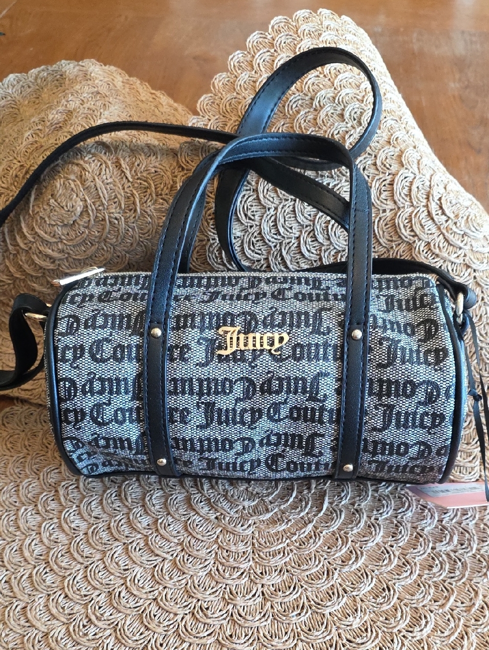 Juicy Couture Black/Beige Faux Leather Gothic Logo Mini Barrel Bag